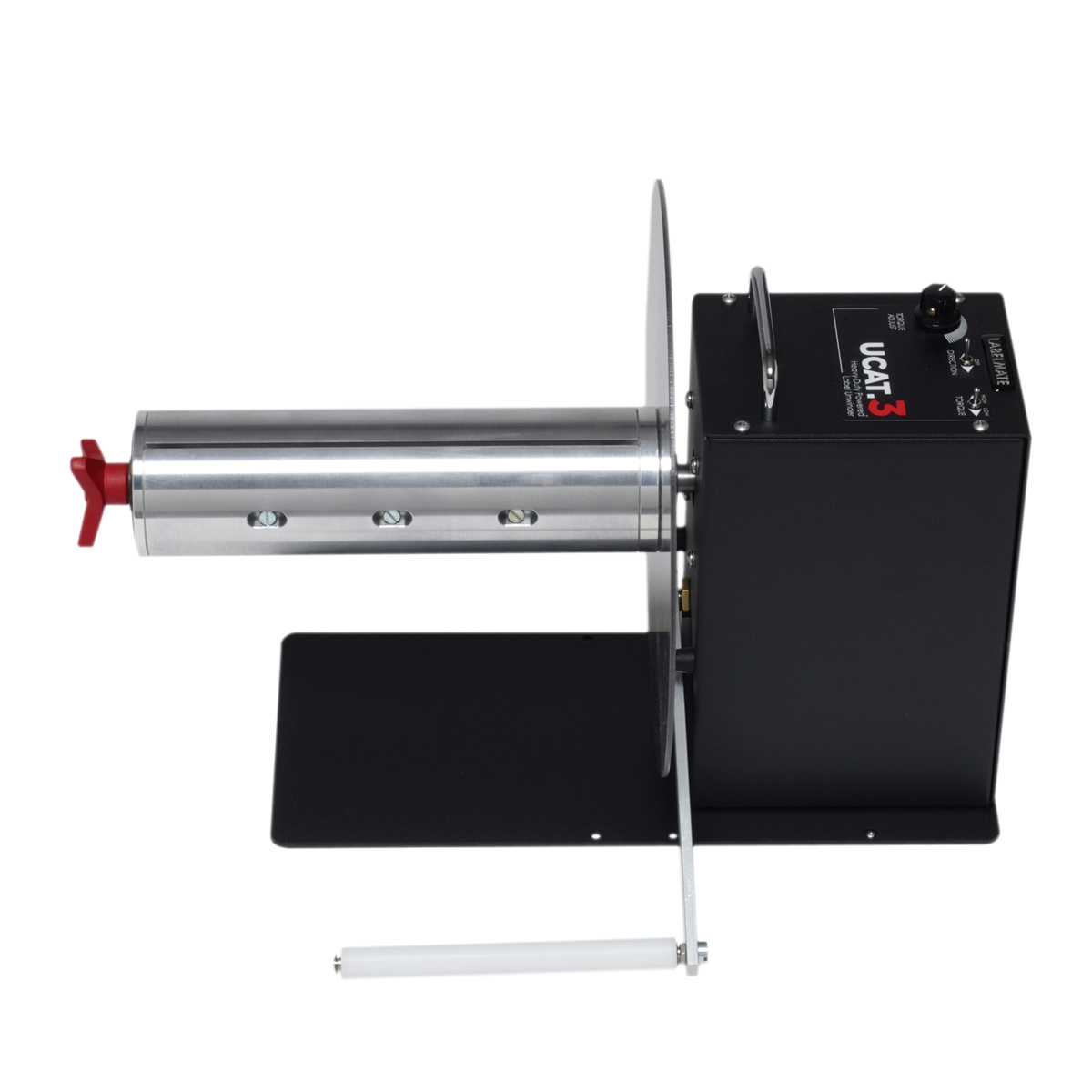 Powered Label Unwinder with chuck style core holder for labels up to 10